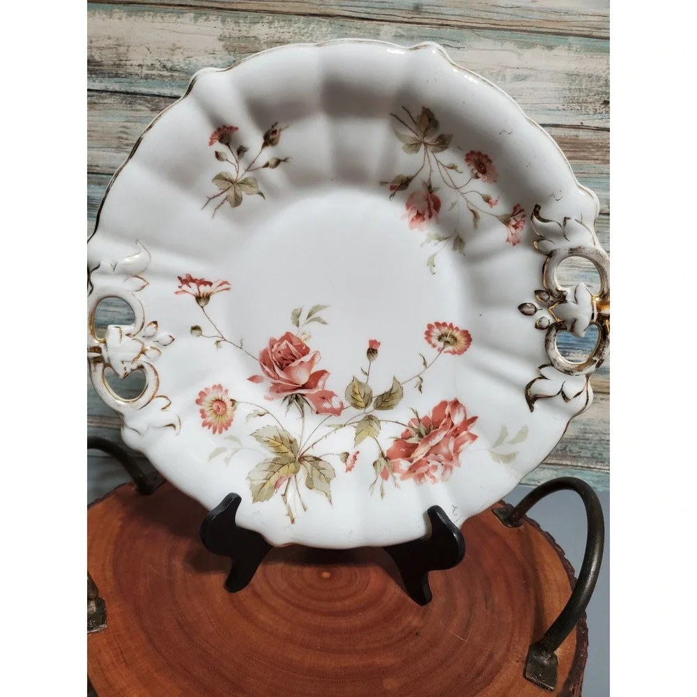 Vintage Rose Floral‎ German Porcelain Serving Tray Plate Gold Gilt Handles